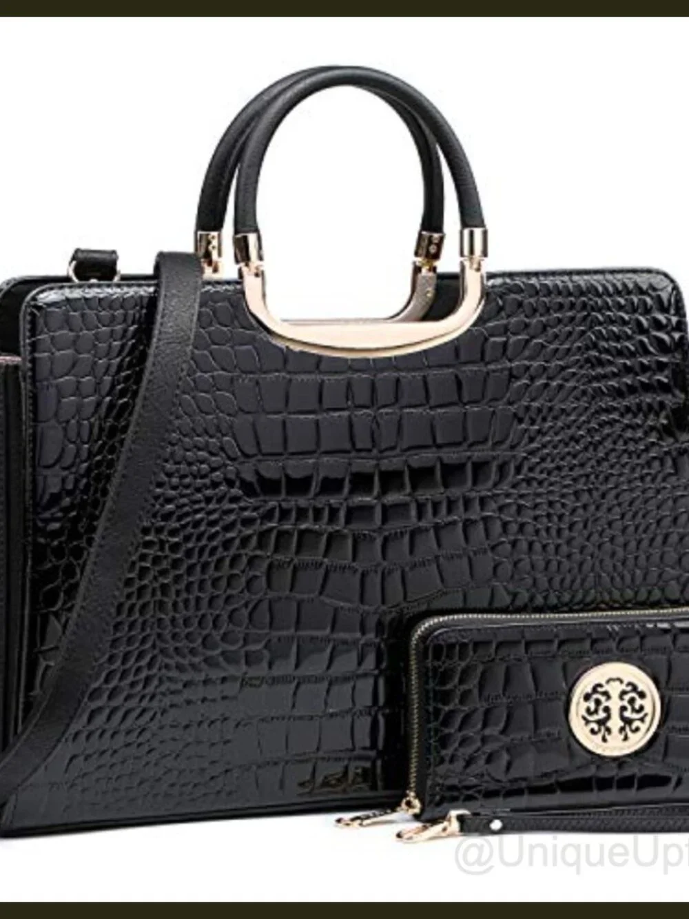 Vegan PU Croco Textured Satchel Handbag with Matching Wallet Work Tote